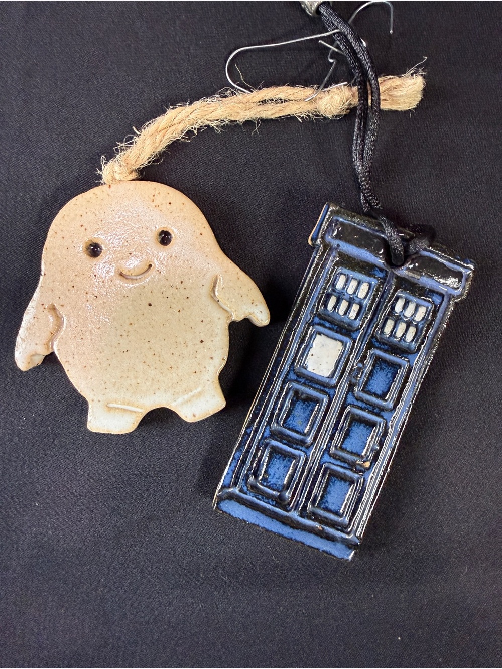 Doctor Who Handmade Ceramic Adipose and TARDIS Ornaments